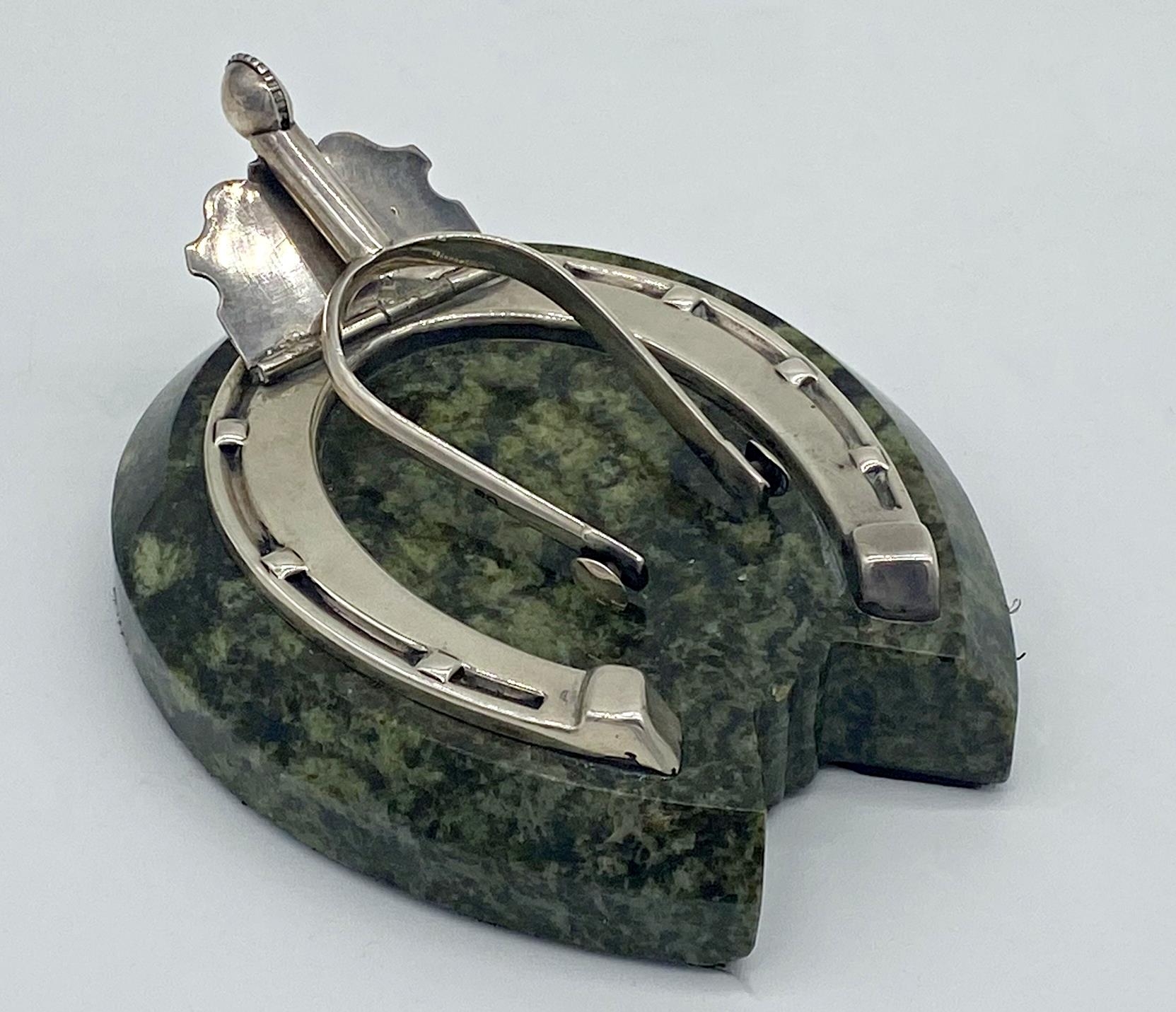 Good novelty desk paperclip with horseshoe and stirrup mounted to a marble base, maker Sampson
