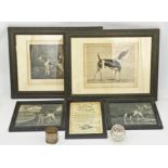 19th century school four hunt dog prints with framed 'Anglers Hope' print, unusual silver plated