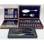 Mahogany cased silver plated fish canteen for twelve with two servers, with a further Harrods