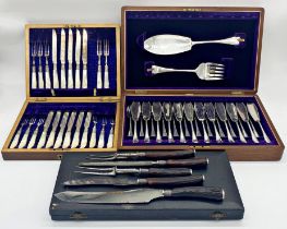 Mahogany cased silver plated fish canteen for twelve with two servers, with a further Harrods
