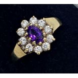 9ct white stone and amethyst flower head cluster ring, size P