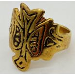 Possibly ancient yellow metal ring with a Celtic bird design. Size N 1/2 weight 5.3 grams approx.