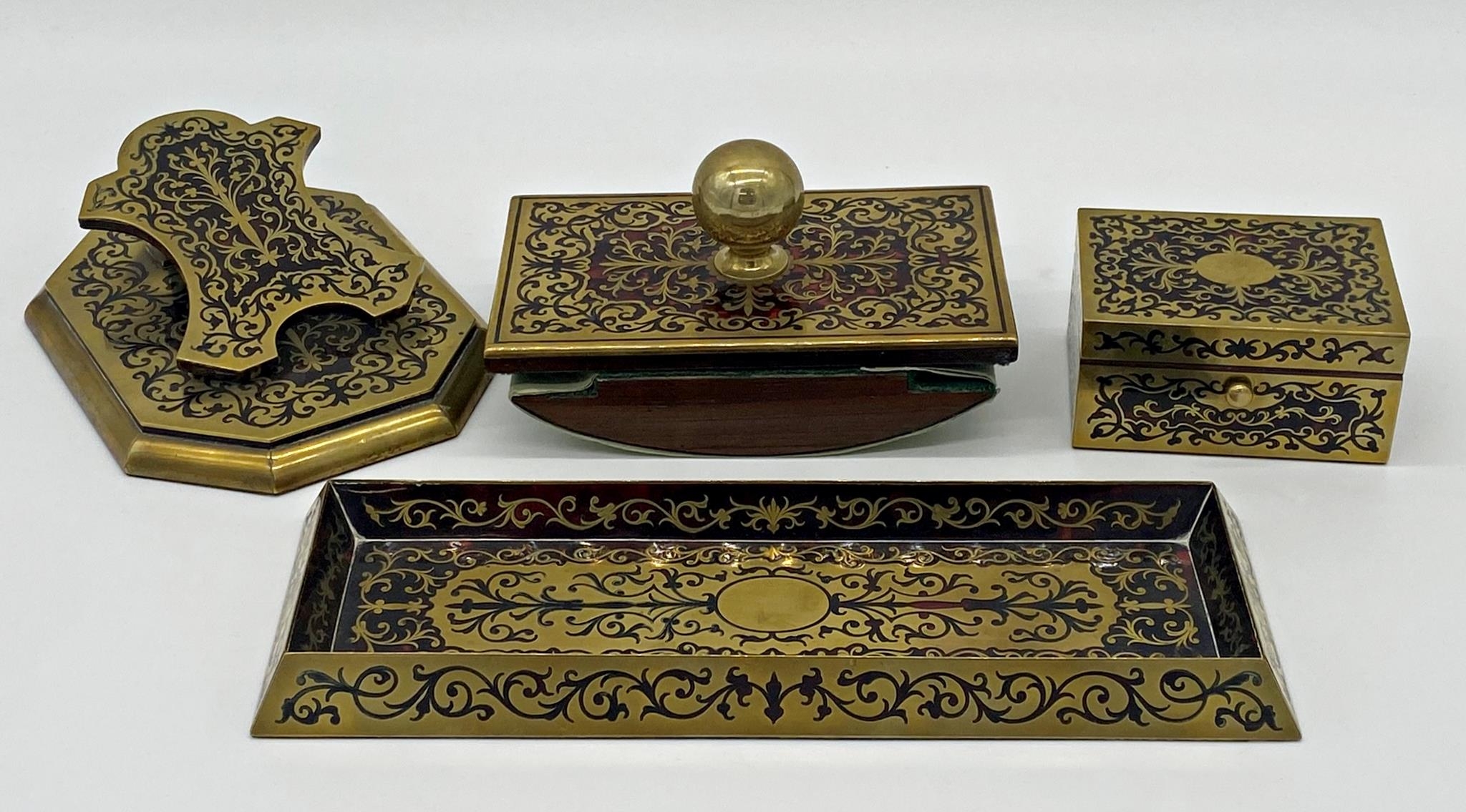 Incredible quality boulle work desk suite comprising letter clip, blotter, pen tray and lidded stamp