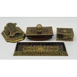 Incredible quality boulle work desk suite comprising letter clip, blotter, pen tray and lidded stamp