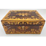 Late 19th century rosewood marquetry box, the hinged lid decorated a floral still life with mother