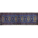 Good quality country house runner, blue and gold medallions, blue ground, 365 x 95cm