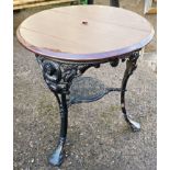 Good cast iron base pub or garden table, with Baden Powell casting, 75cm high x 68cm diameter