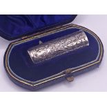 Quality engraved silver scent bottle, in leather box and with glass stopper, maker marks worn,