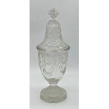 Exceptional quality cut and etched glass candy jar and cover, baluster form with geometric swag