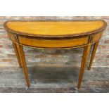 Exceptional quality Sheraton style satinwood and rosewood cross-banded demi-lune table, 125cm wide x