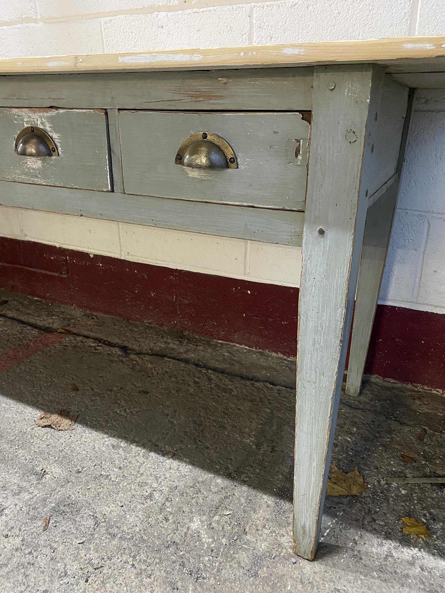 Good reclaimed pine refectory table, stripped top, painted base with five small drawers, 77cm high x - Image 3 of 4