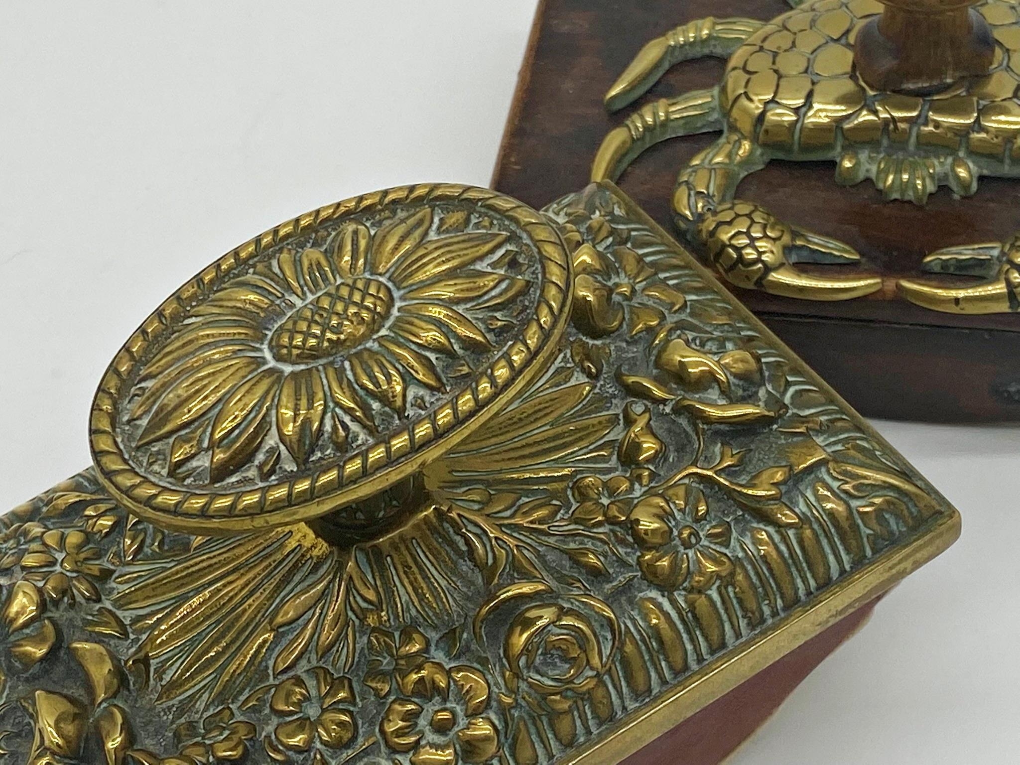 Unusual novelty blotter the top mounted by a brass crab together with a further embossed brass - Image 2 of 2