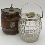 Oak and silver plated banded biscuit barrel, the lid mounted by a coiled rope, 20cm high together