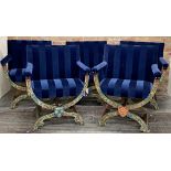 Remarkable set of five Savonarola throne chairs with unusual arts & crafts style painted frames of