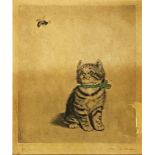 Meta Plückebaum (German, 1876-1954), 'Bzzzzz', Kitten watching a Bee, singed and titled, etching