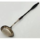 Good quality substantial antique Swedish silver toddy ladle, turned ebonised handle, 46cm long