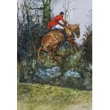 Daniel Crane (b.1969) -'Neckstrap', hunting scene depicting horse and rider, signed, watercolour,