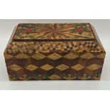 Exceptional quality parquetry work or stationery box, the hinged lid with enamelled overlay of roses