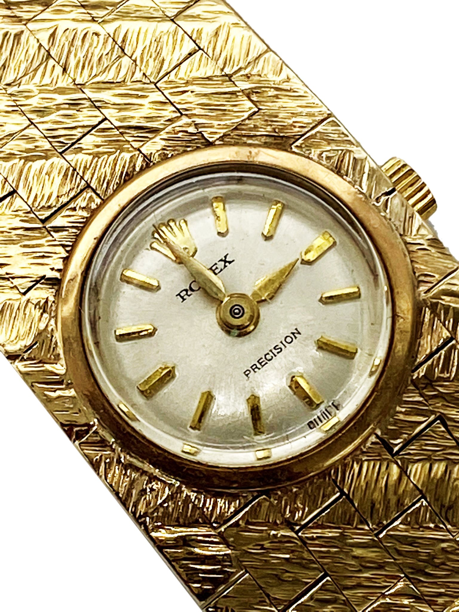 Vintage 9ct ladies Rolex Precision cocktail watch, 11mm case, champagne dial, gilt baton markers,