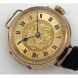 J.B Dent & Sons 10ct gold watch with Roman numerals, floral etching to face, surrounding case etched