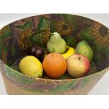 A collection of simulated fruit to include, apple, pear, banana, mango, orange and plum