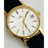 Vintage Gents gold plated Omega wristwatch, 35mm case, silvered dial, gilt baton markers and date