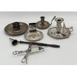 Silver plate - three chamber sticks, one good quality antique example with club handle, candle