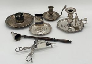 Silver plate - three chamber sticks, one good quality antique example with club handle, candle