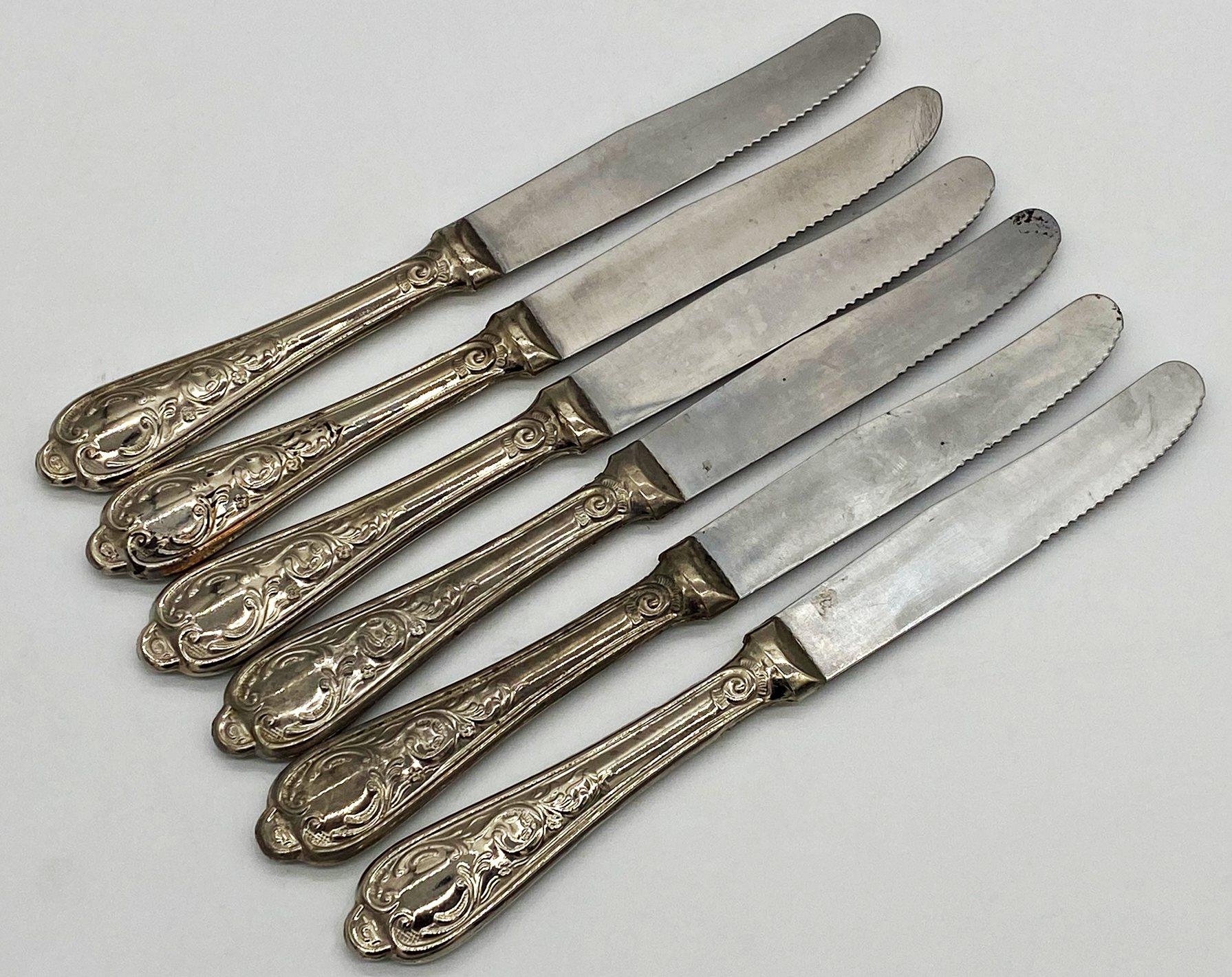 Set of six Continental 800 silver handled serrated dessert knives, 14.5oz gross