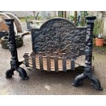 Exceptional quality Georgian cast iron fire place, comprising two exceptional early andirons, deep