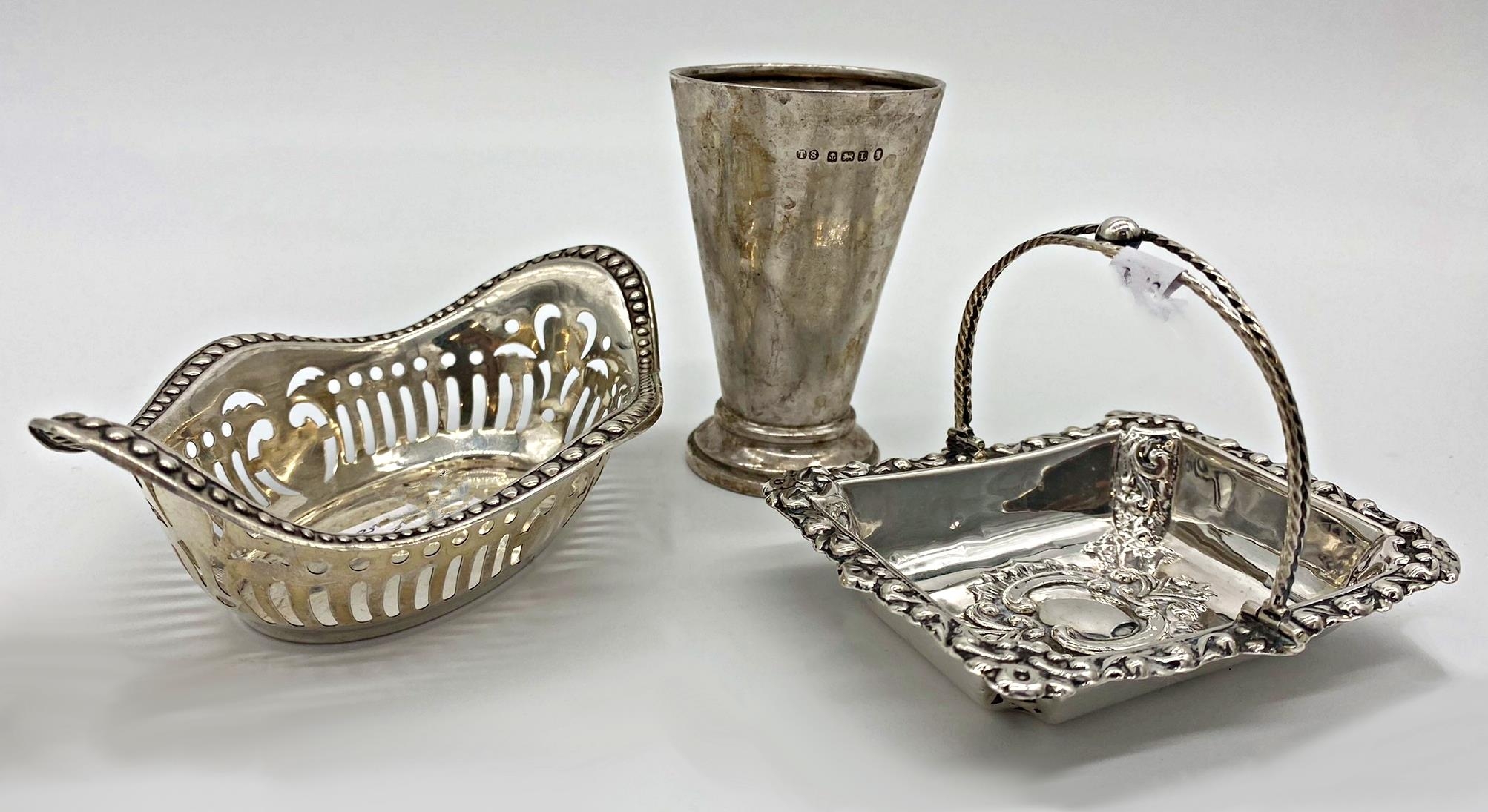 Mixed silver - small basket with hinged handle, bonbon dish and tapered vessel, 5.5oz approx