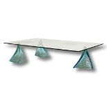 Italian 1970’s Murano glass coffee table on three stylised legs 120cm long x 70 deep x 27 high