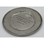 Modern eastern '900' silver salver, with inscription, 22cm diameter, 9oz approx