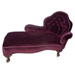 Early Victorian chaise longue, button velvet upholstery and good carved legs on casters