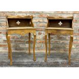 Pair of early 20th century French oak night stands, raised shelved gallery rail with pierced