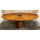 Good quality Quatropi teak veneered dining / boardroom table, oval top on a tapered cylinder base,