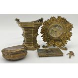 Unusual French gilt cast metal easel clock, the bezel decorated cast flowers, together with a