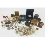 Box of interesting items to include, enamel pill boxed, cloisonné pots, Murano animals, silver etc