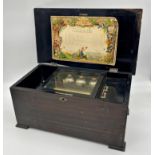 Late 19th century Swiss music box playing eight airs with novelty enamelled butterfly clappers, 48cm