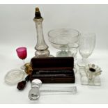 Mixed collection of glass to include a Victorian Moroccan leather pair of glass travel decanters,