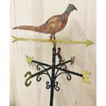 Good antique weathervane, mounted by a polychrome pheasant with a ferret over North, 135cm high