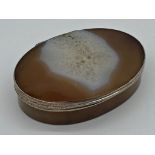 Agate oval box, with silver band and hinged lid, 9cm long