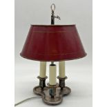 Silver plated three branch desk or table lamp, fluted sconces, adjustable toleware shade, 38cm high