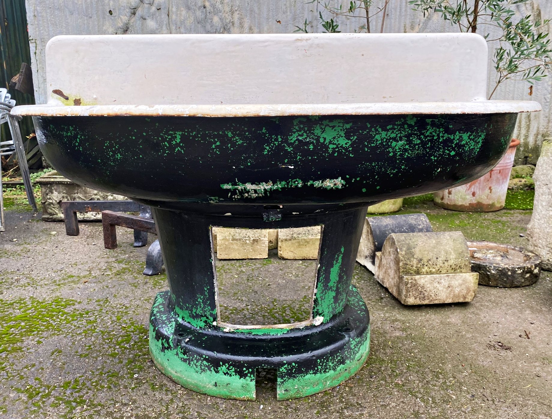 Quite remarkable pair of large enamelled feeders or troughs or sinks, d-end form on tapered bases, - Image 2 of 4