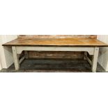 Substantial 19th French refectory farmhouse table, plank fruitwood top upon a painted base, 295cm