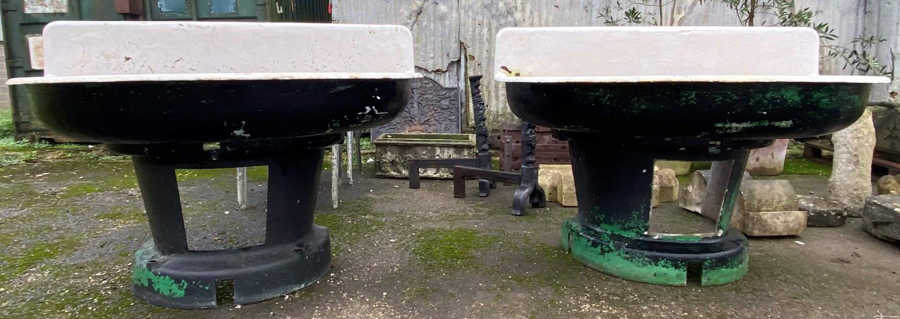 Quite remarkable pair of large enamelled feeders or troughs or sinks, d-end form on tapered bases, - Image 4 of 4