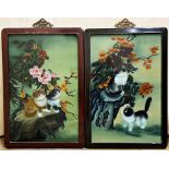 20th century Chinese school - pair of reverse glass pictures of cats, 47 x 30cm, framed