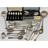 Large collection of silver plated flatware to include three large serving spoons, three soup ladles,