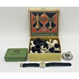 Mixed cabinet lot to include a vintage chrome Ingersoll pocket watch, Timex wristwatch, a Chad