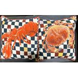 Pair of woolwork cushions, decorated with a crab and a lobster, 40 x 40cm